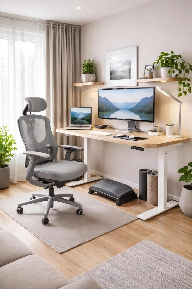 Overhead view of desk positioned away from window glare